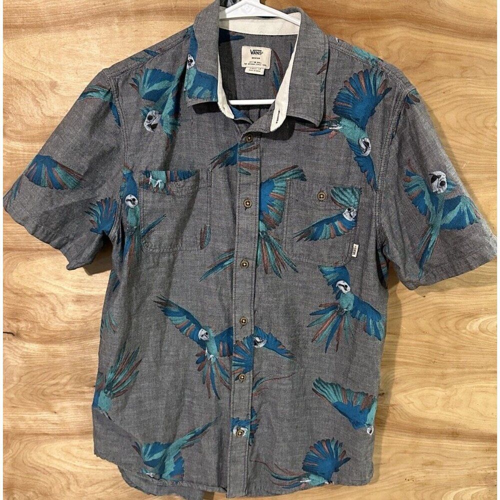 Vans Button Front Shirt Mens Medium Cotton Parrot Bird Tropical Macaw Gray